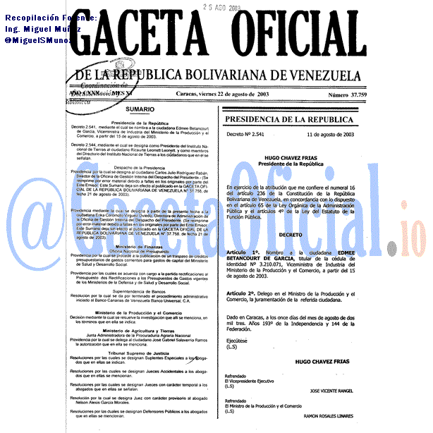 Gaceta Oficial 37759 del 22 Agosto 2003