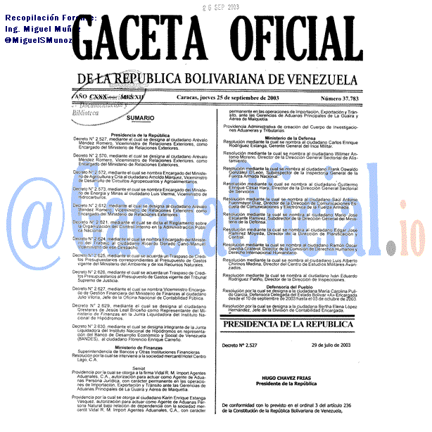 Gaceta Oficial 37783 del 25 Septiembre 2003
