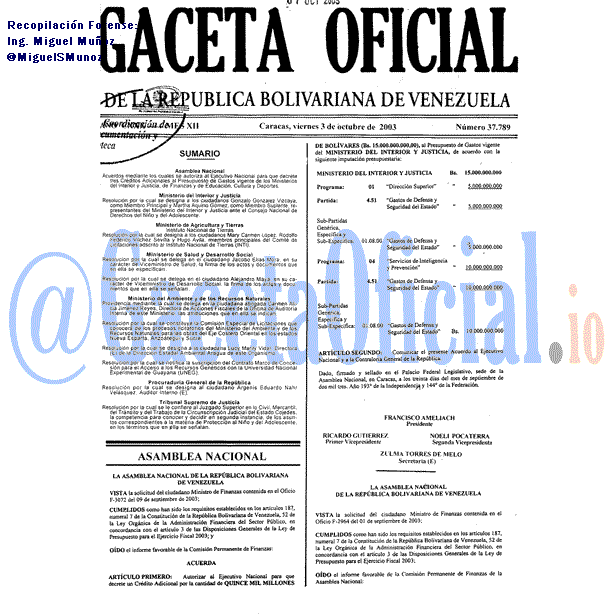 Gaceta Oficial 37789 del 3 Octubre 2003