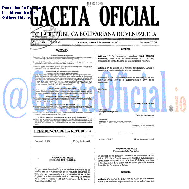 Gaceta Oficial 37791 del 7 Octubre 2003