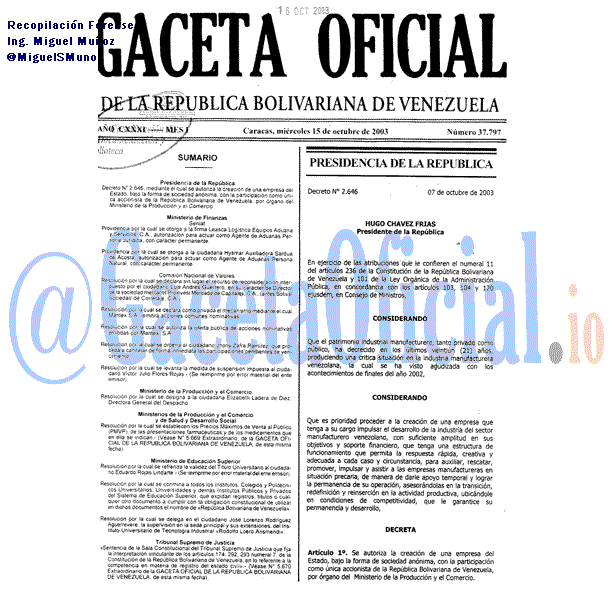 Gaceta Oficial 37797 del 15 Octubre 2003