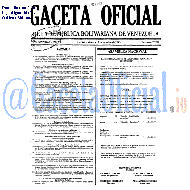 Gaceta Oficial 37799 del 17 Octubre 2003