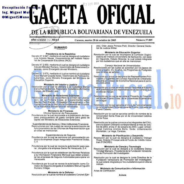 Gaceta Oficial 37805 del 28 Octubre 2003
