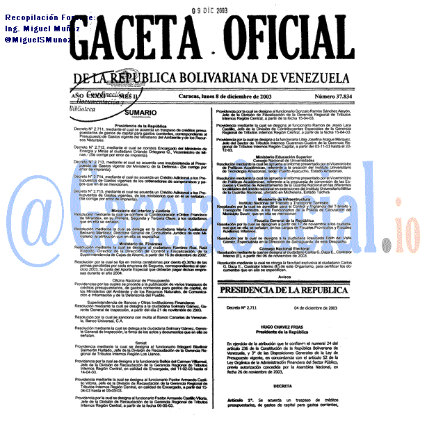Gaceta Oficial 37834 del 8 Diciembre 2003