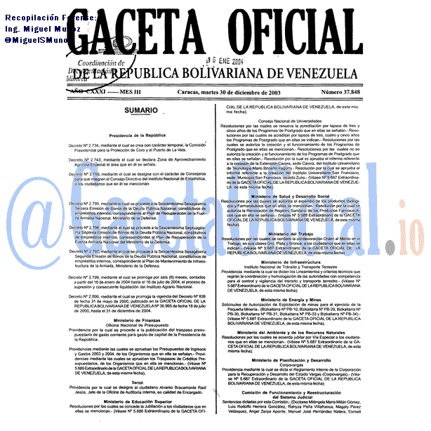 Gaceta Oficial 37848 del 30 Diciembre 2003