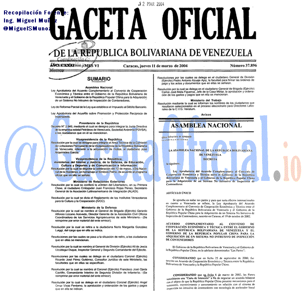 Gaceta Oficial 37896 del 11 Marzo 2004