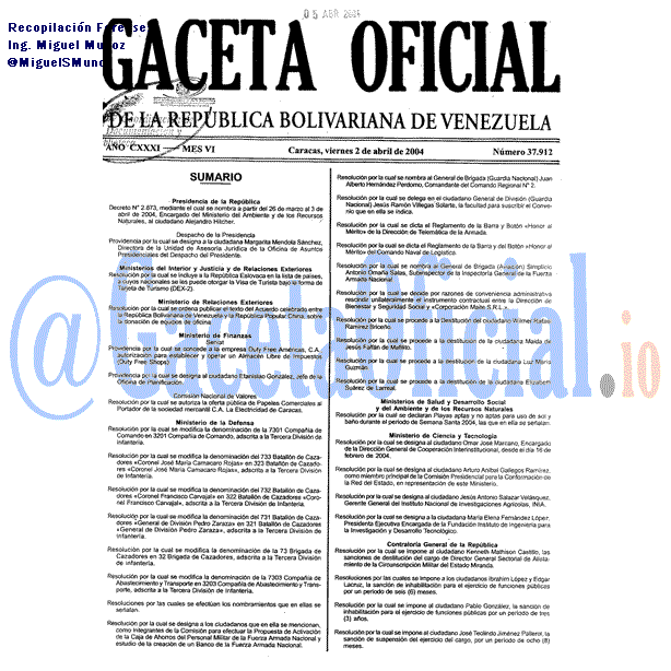 Gaceta Oficial 37912 del 2 Abril 2004
