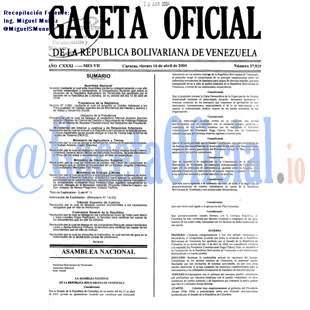 Gaceta Oficial 37919 del 16 Abril 2004
