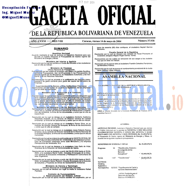 Gaceta Oficial 37938 del 14 Mayo 2004