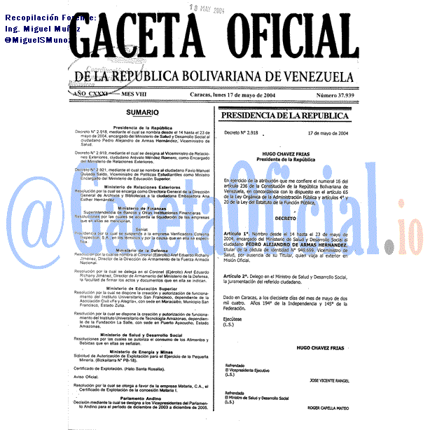 Gaceta Oficial 37939 del 17 Mayo 2004