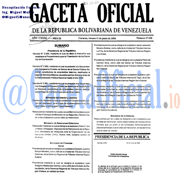 Gaceta Oficial 37958 del 11 Junio 2004
