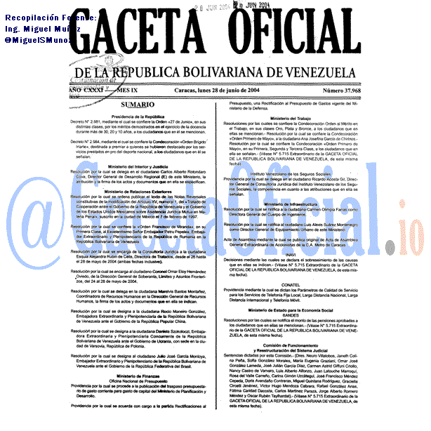 Gaceta Oficial 37968 del 28 Junio 2004