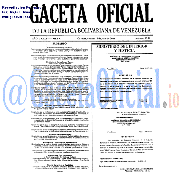 Gaceta Oficial 37981 del 16 Julio 2004