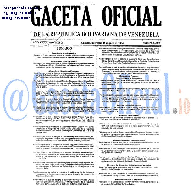 Gaceta Oficial 37989 del 28 Julio 2004