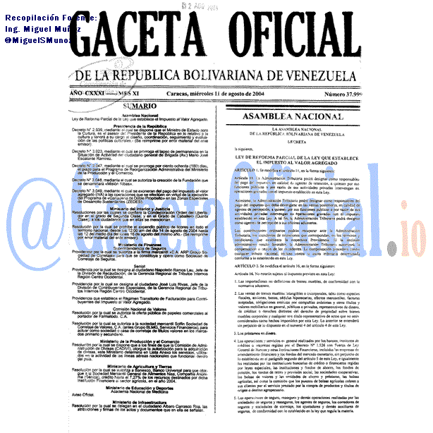 Gaceta Oficial 37999 del 11 Agosto 2004