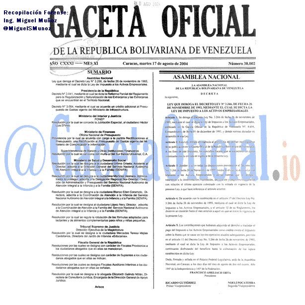 Gaceta Oficial 38002 del 17 Agosto 2004