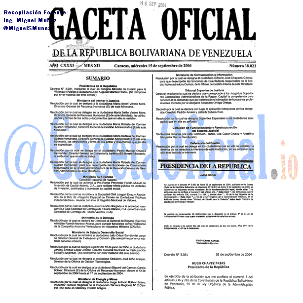 Gaceta Oficial 38023 del 15 Septiembre 2004