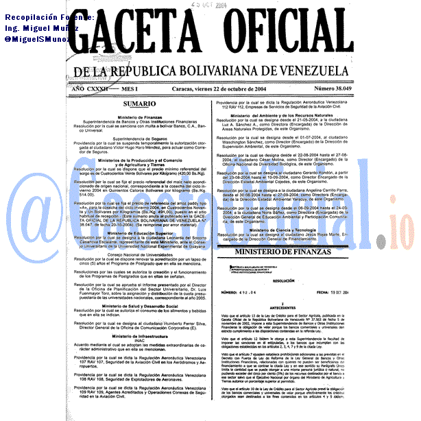 Gaceta Oficial 38049 del 22 Octubre 2004
