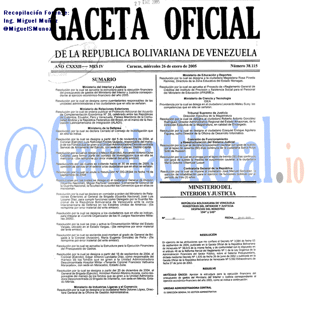 Gaceta Oficial 38115 del 26 Enero 2005