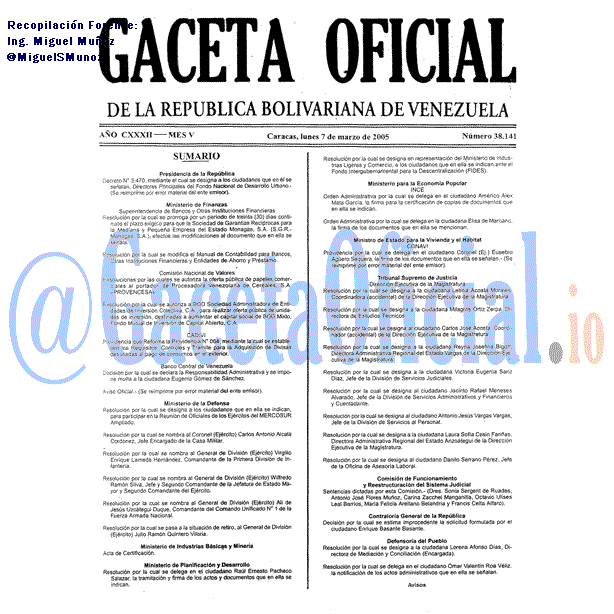 Gaceta Oficial 38141 del 7 Marzo 2005