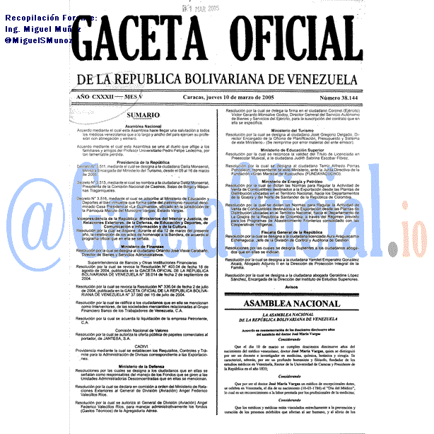 Gaceta Oficial 38144 del 10 Marzo 2005