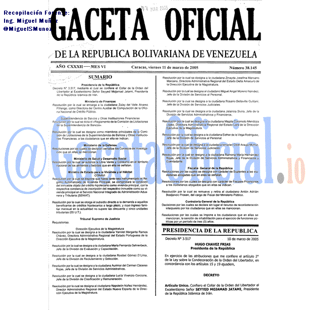 Gaceta Oficial 38145 del 11 Marzo 2005