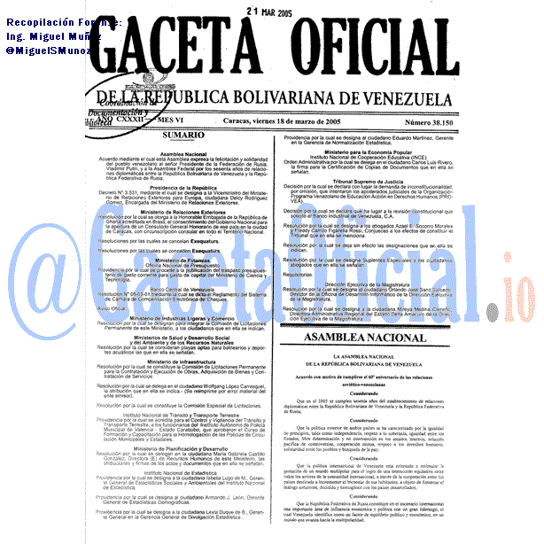 Gaceta Oficial 38150 del 18 Marzo 2005