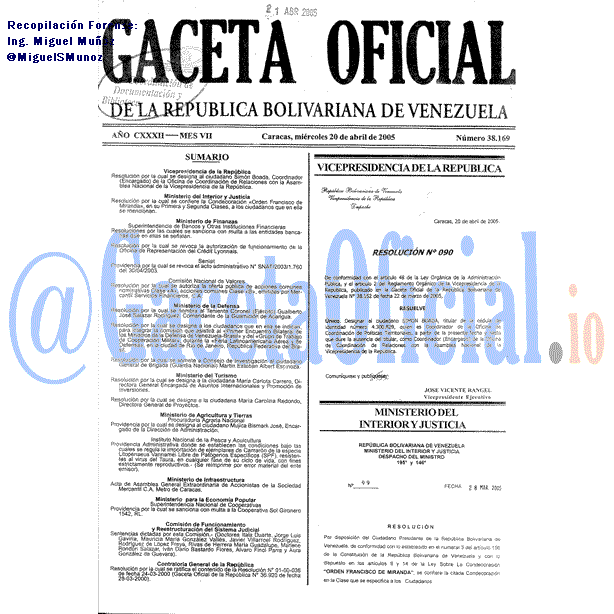 Gaceta Oficial 38169 del 20 Abril 2005