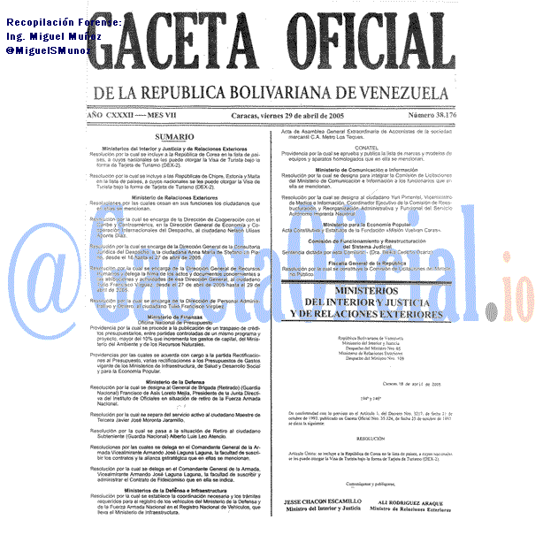 Gaceta Oficial 38176 del 29 Abril 2005