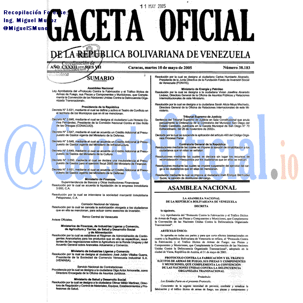 Gaceta Oficial 38183 del 10 Mayo 2005