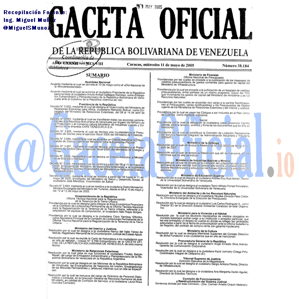 Gaceta Oficial 38184 del 11 Mayo 2005