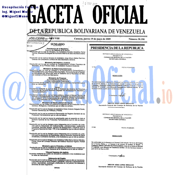 Gaceta Oficial 38190 del 19 Mayo 2005