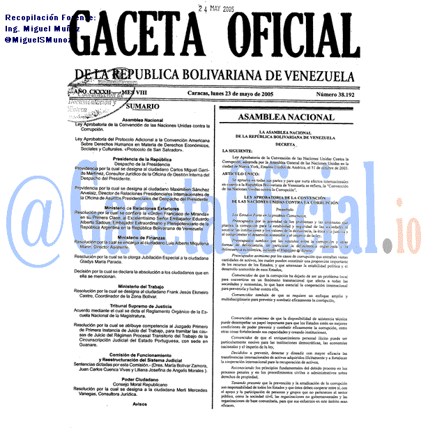 Gaceta Oficial 38192 del 23 Mayo 2005