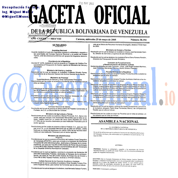Gaceta Oficial 38194 del 25 Mayo 2005