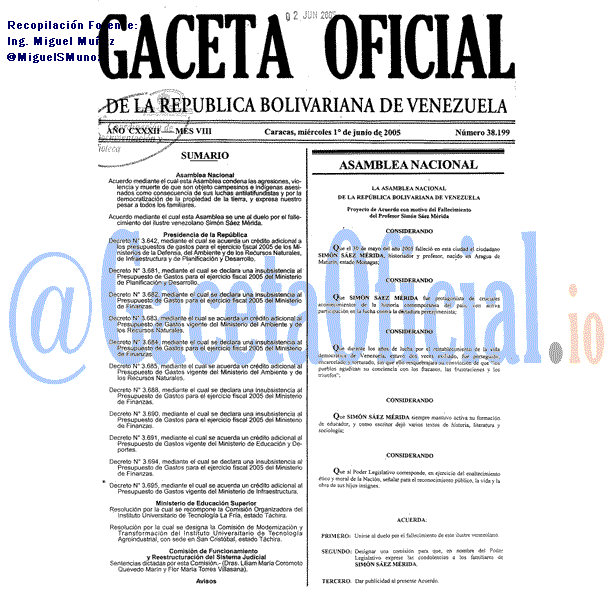 Gaceta Oficial 38199 del 1 Junio 2005
