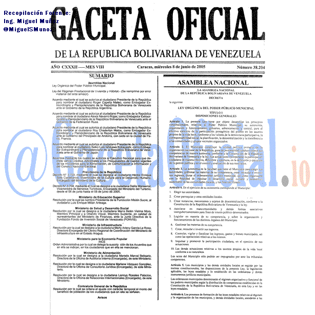 Gaceta Oficial 38204 del 8 Junio 2005