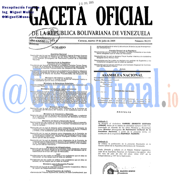 Gaceta Oficial 38231 del 19 Julio 2005