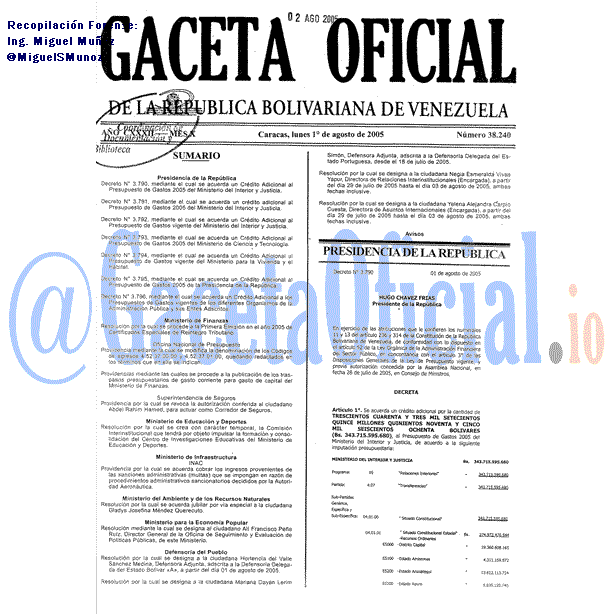 Gaceta Oficial 38240 del 1 Agosto 2005
