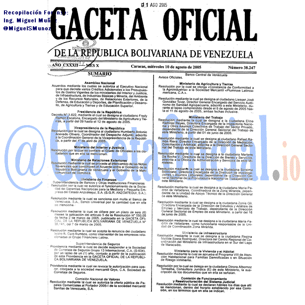 Gaceta Oficial 38247 del 10 Agosto 2005