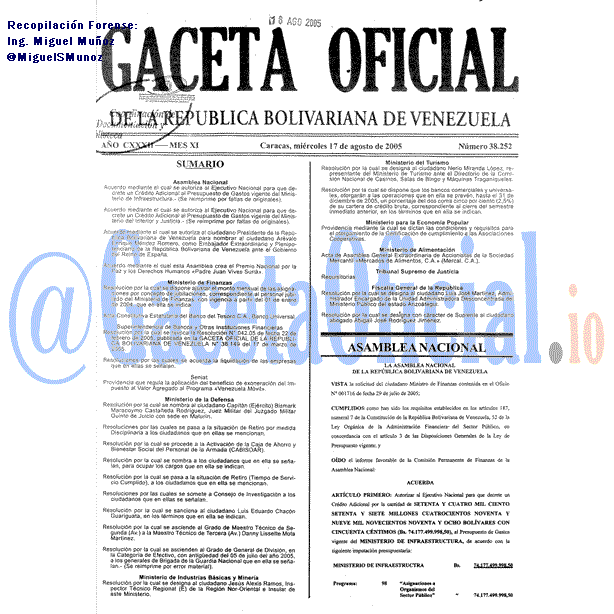 Gaceta Oficial 38252 del 17 Agosto 2005