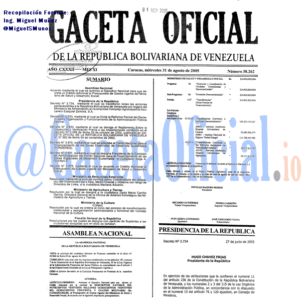 Gaceta Oficial 38262 del 31 Agosto 2005
