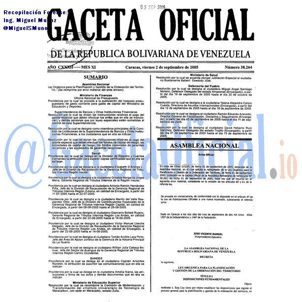Gaceta Oficial 38264 del 2 Septiembre 2005