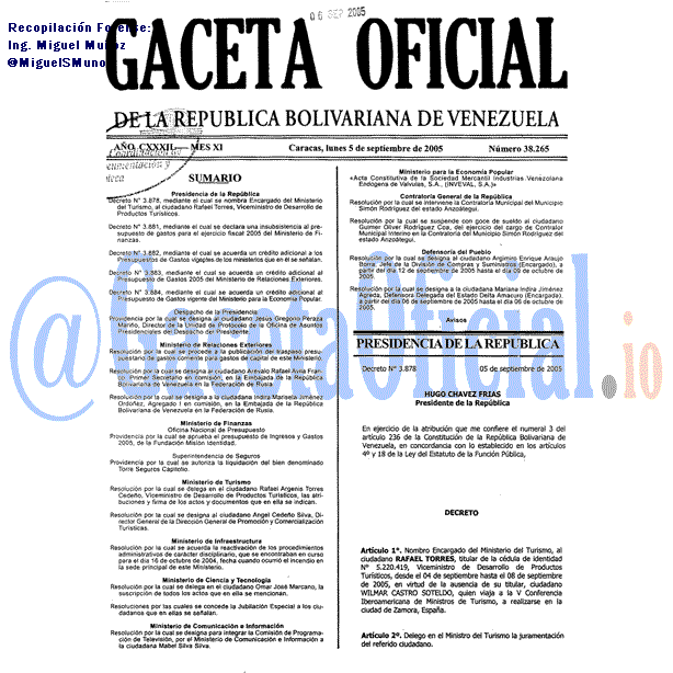 Gaceta Oficial 38265 del 5 Septiembre 2005