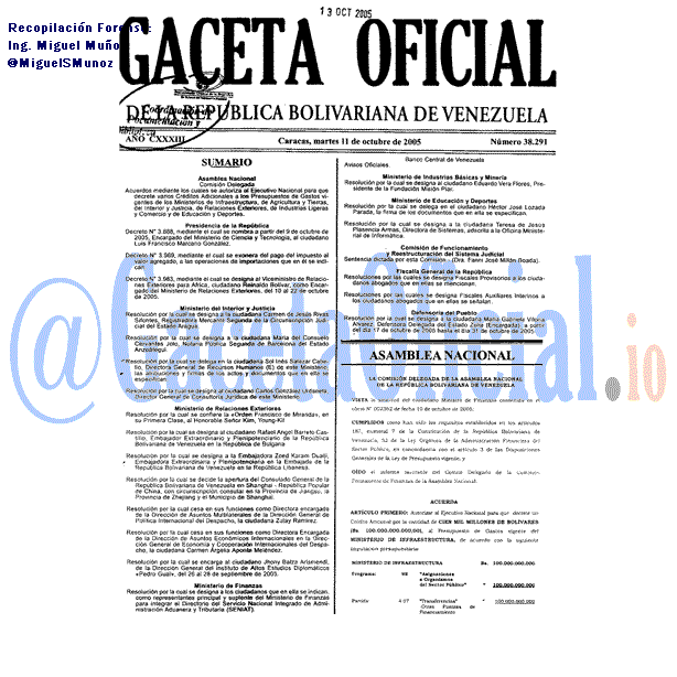 Gaceta Oficial 38291 del 11 Octubre 2005