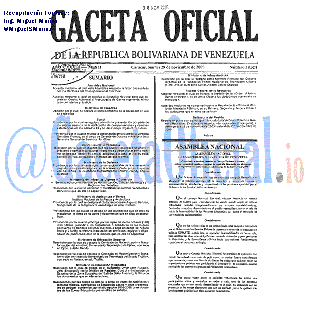 Gaceta Oficial 38324 del 29 Noviembre 2005