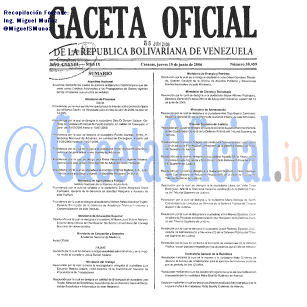Gaceta Oficial 38459 del 15 Junio 2006