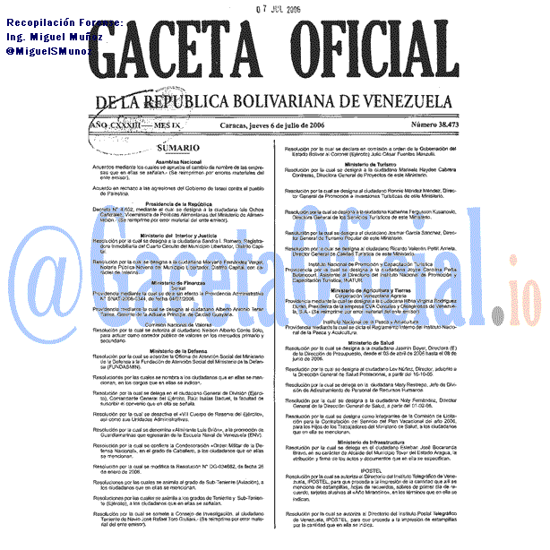 Gaceta Oficial 38473 del 6 Julio 2006