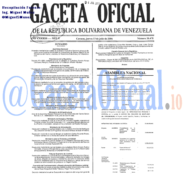 Gaceta Oficial 38478 del 13 Julio 2006