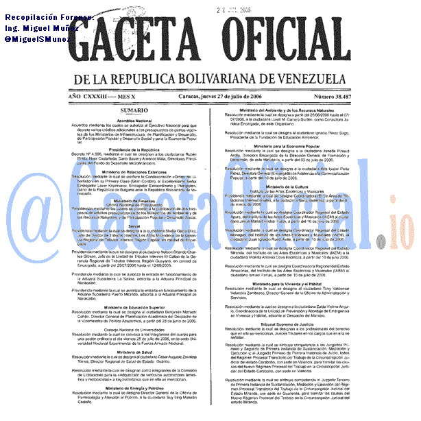 Gaceta Oficial 38487 del 27 Julio 2006