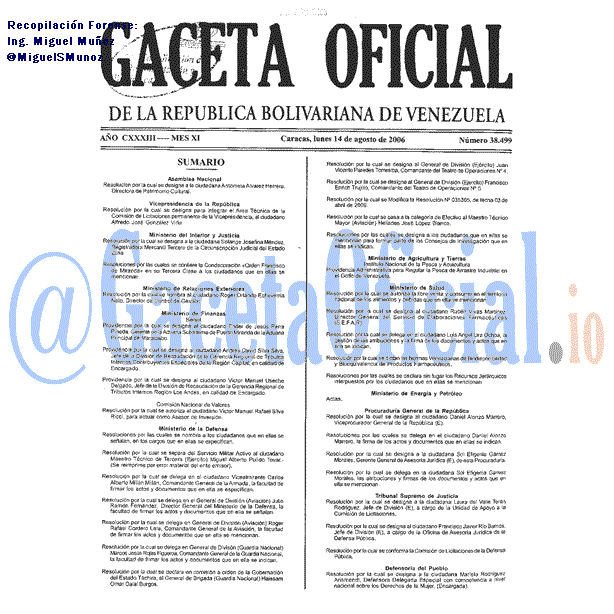 Gaceta Oficial 38499 del 14 Agosto 2006